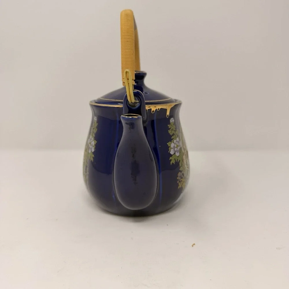 Vintage Japanese Cobalt Blue Gold Teapot Pheasant Bamboo Rattan Handle 7.5